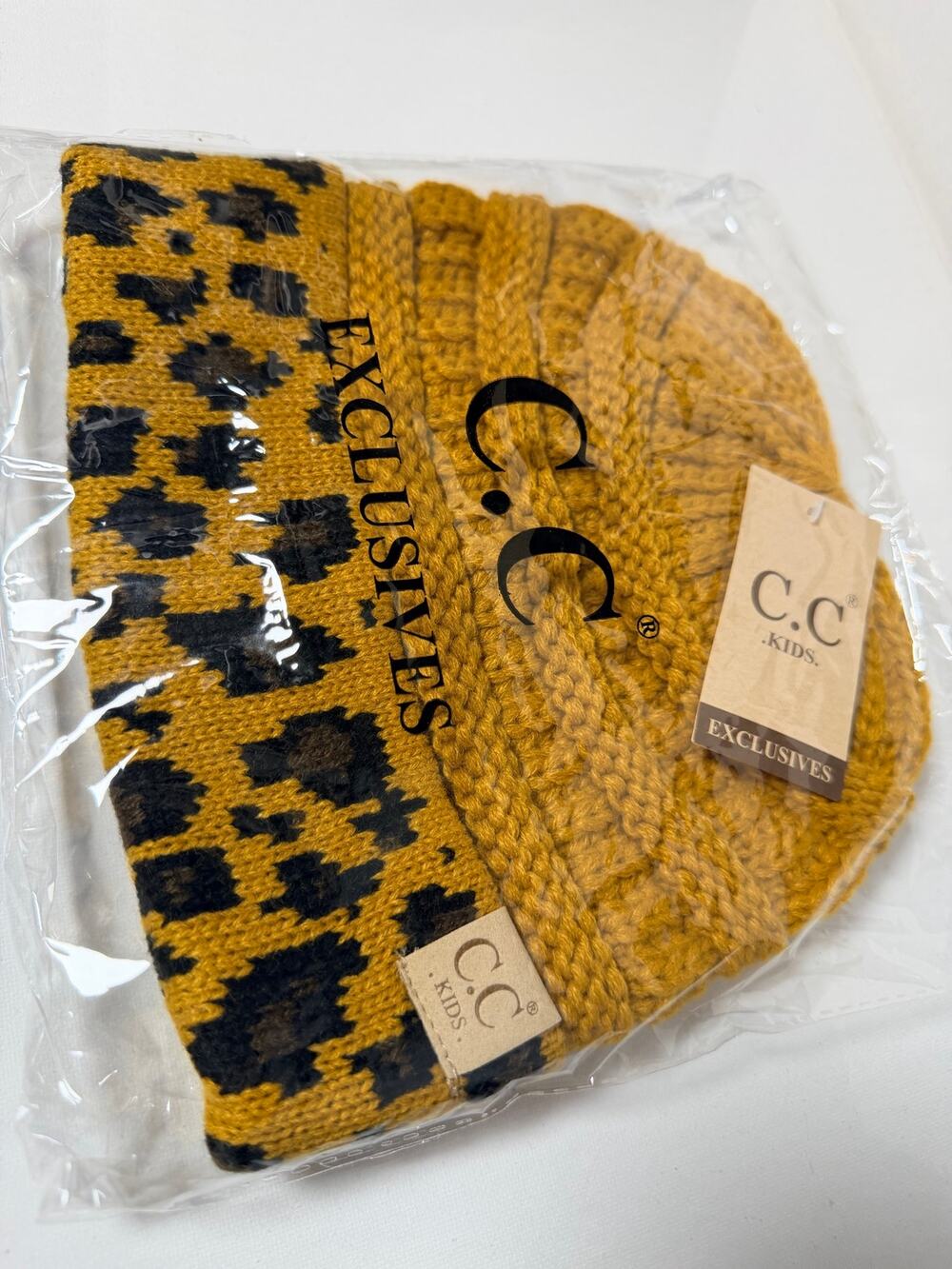 NWT C.C Kids Mustard Leopard Print Cable Knit Beanie M/L Winter Hat